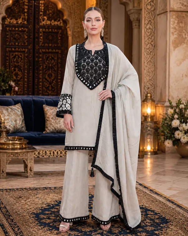 White_And_Black_Shimmer_Shimmer_Suit_Set_For_Women