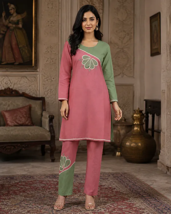 Pink_And_Green_Cotton_Embroidered_Straight_Kurta_For_Women