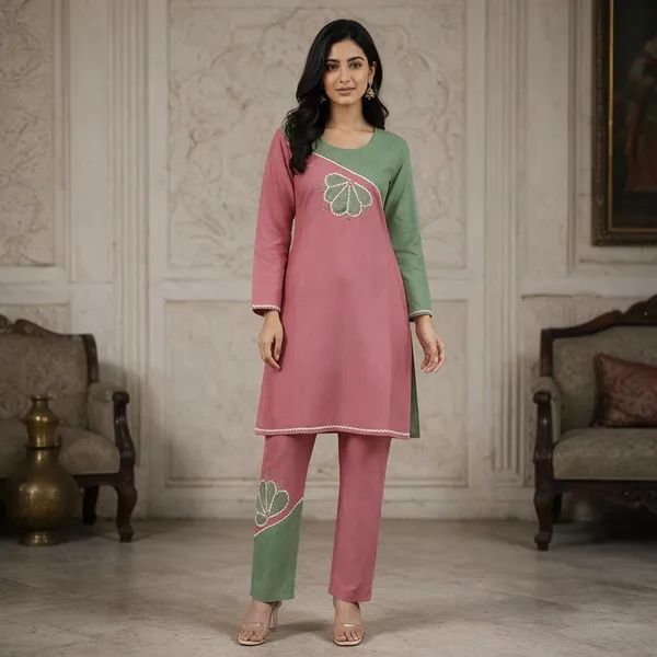 Pink_And_Green_Cotton_Embroidered_Straight_Kurta_For_Women