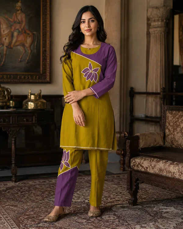 Mustard_And_Purple_Cotton_Embroidered_Straight_Kurta_For_Women