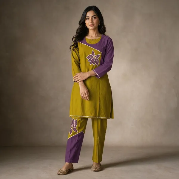 Mustard_And_Purple_Cotton_Embroidered_Straight_Kurta_For_Women
