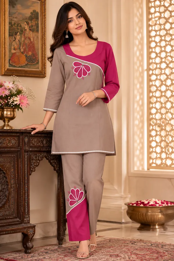 Beige_And_Pink_Cotton_Embroidered_Straight_Kurta_For_Women