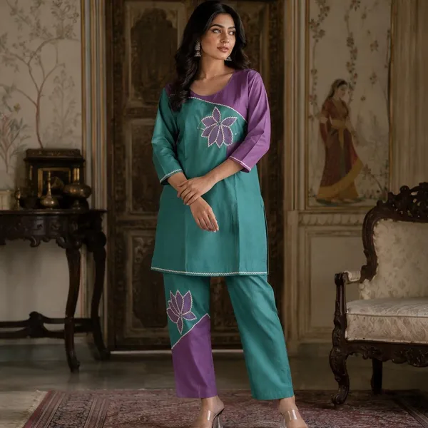 Teal_And_Purple_Cotton_Embroidered_Straight_Kurta_For_Women
