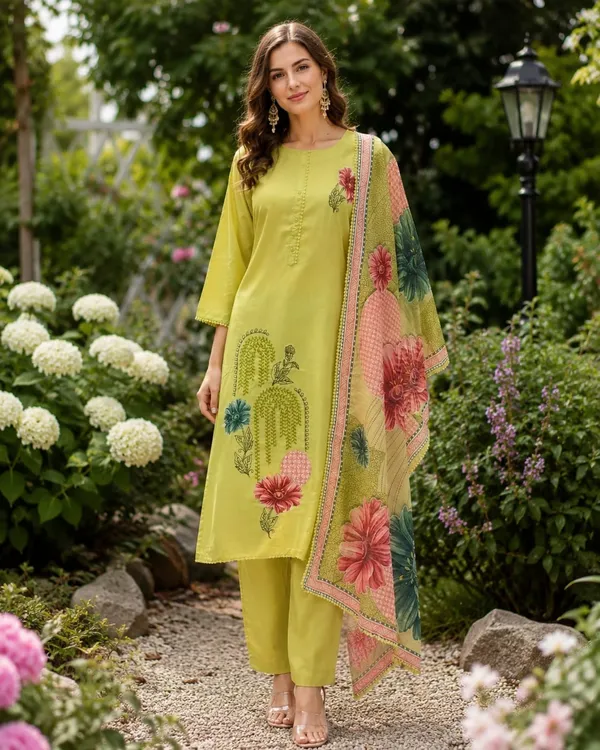Lime_Green_Cotton_Floral_Printed_Kurta_Set_For_Women