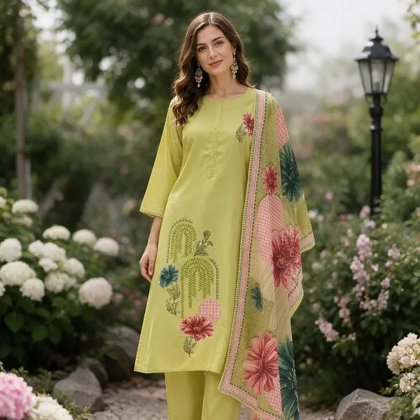 Lime_Green_Cotton_Floral_Printed_Kurta_Set_For_Women