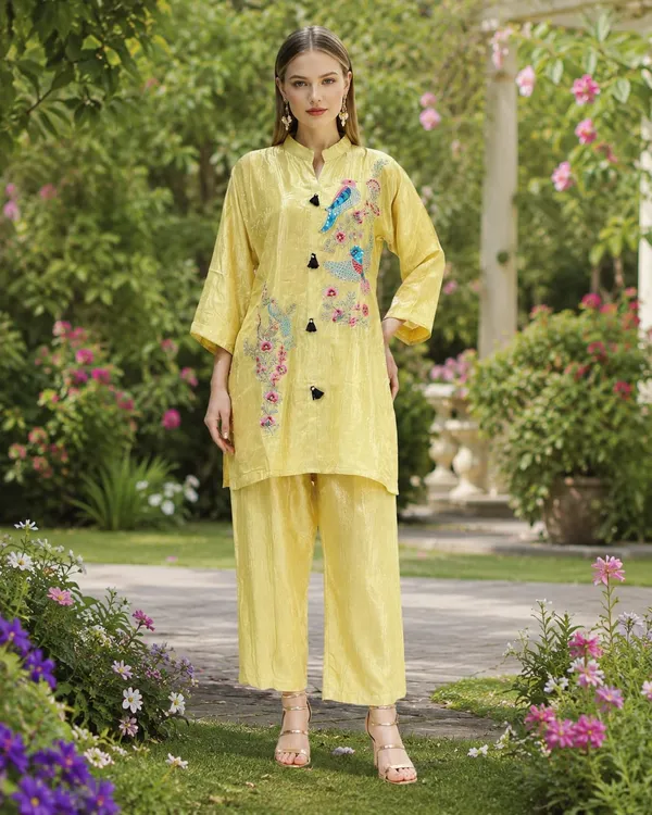Yellow_Jacquard_Floral_Printed_Kurta_Set_For_Women