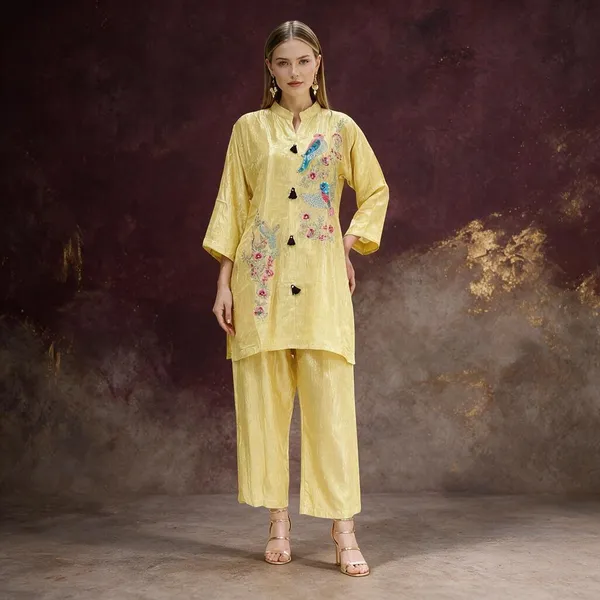 Yellow_Jacquard_Floral_Printed_Kurta_Set_For_Women