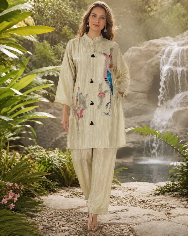 Off_White_Jacquard_Floral_Printed_Kurta_Set_For_Women