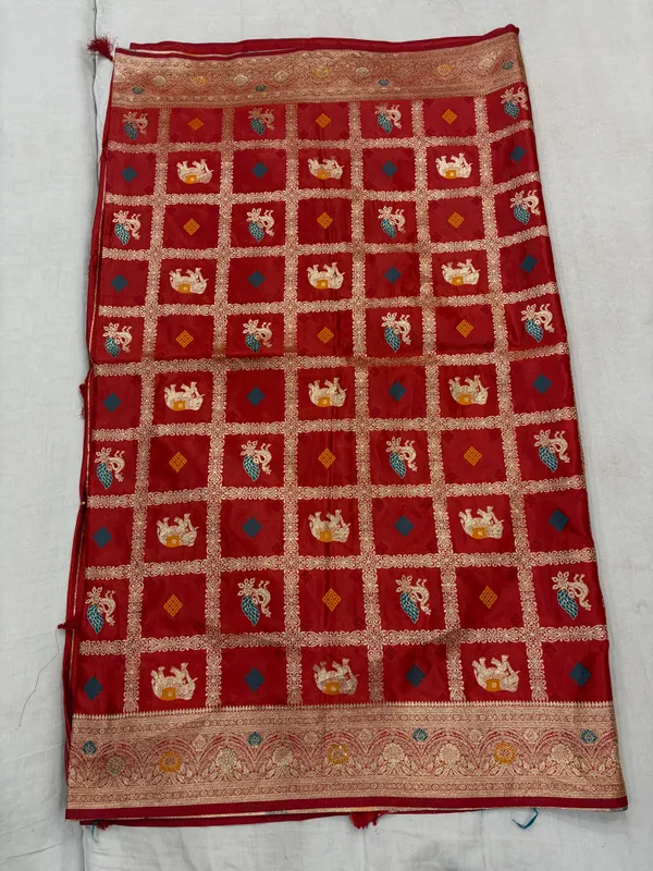 Red_Banarsi_Silk_Woven_Peacock_Elephant_Saree_For_Women