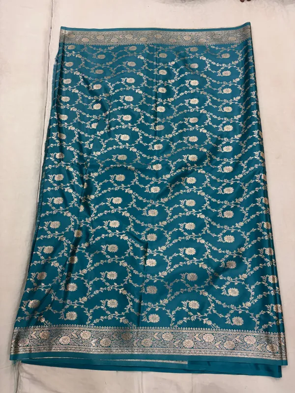 Teal_Satin_Floral_Motif_Saree_For_Women