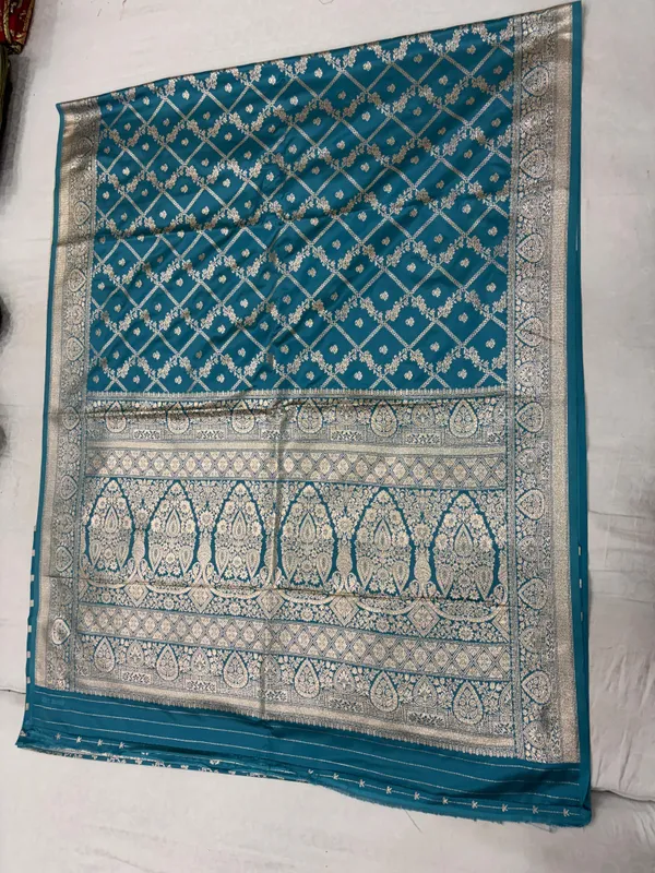Teal_Satin_Woven_Lattice_Saree_For_Women