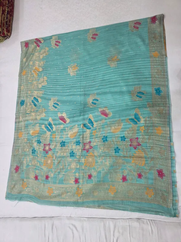 Turquoise_Linen_Woven_Floral_Saree_For_Women