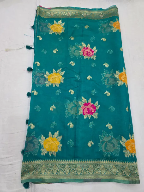 Teal_Organza_Floral_Woven_Saree_For_Women