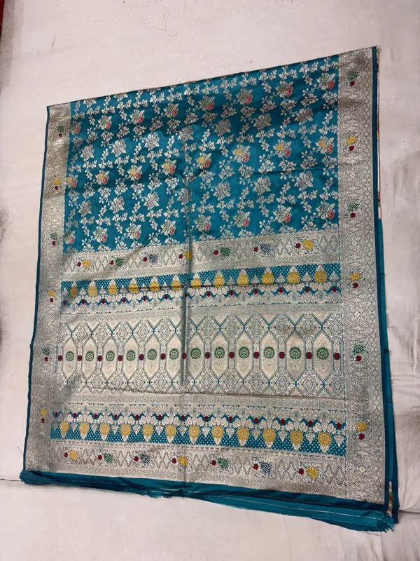 Teal_Satin_Woven_Floral_Saree_For_Women