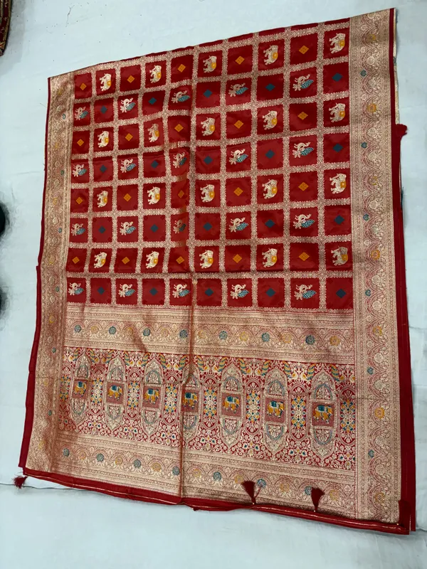 Red_Banarsi_Silk_Woven_Peacock_Elephant_Saree_For_Women