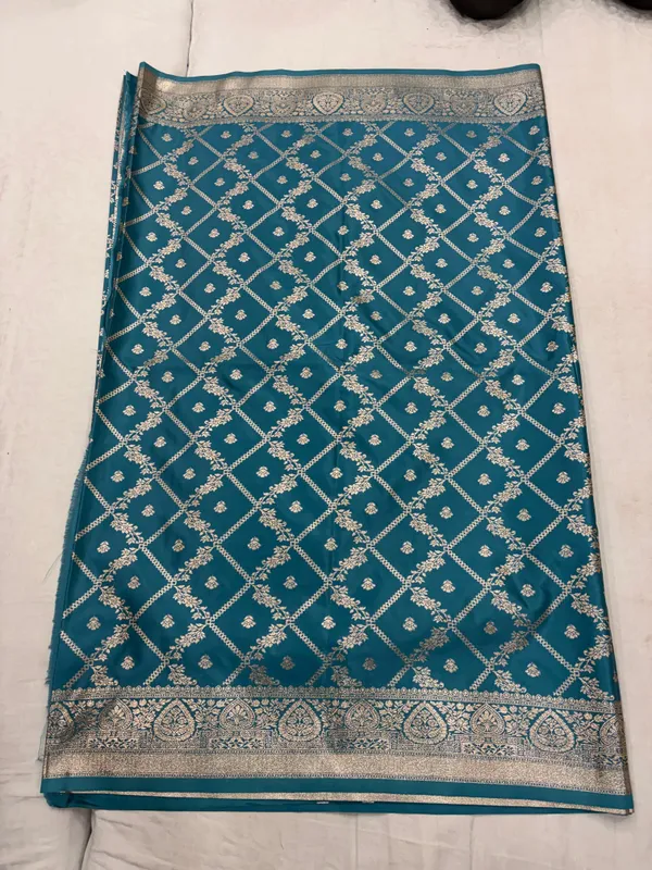 Teal_Satin_Woven_Lattice_Saree_For_Women