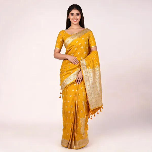 Mustard_Zari_Border_Saree_With_Tassels_For_Women