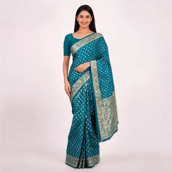 Teal_Gold_Motif_Saree_For_Women