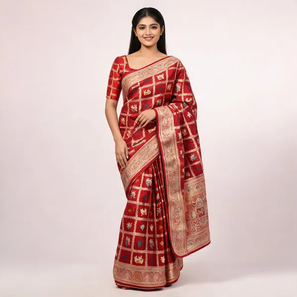 Red_Banarsi_Silk_Woven_Peacock_Elephant_Saree_For_Women