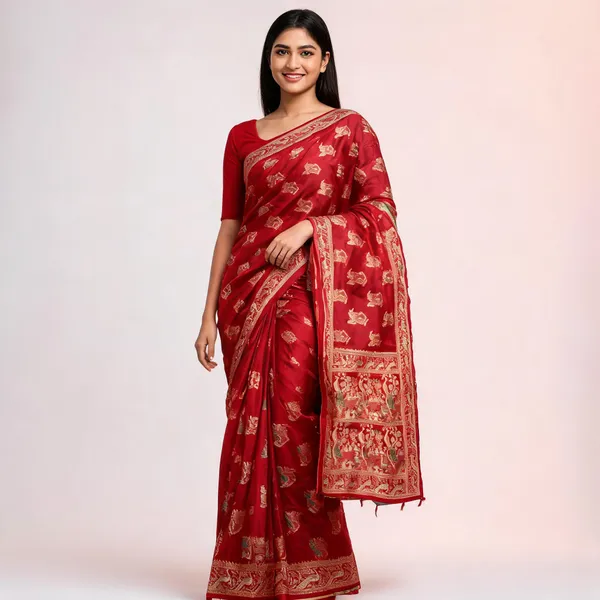 Red_Nylon_Satin_Brocade_Woven_Saree_For_Women