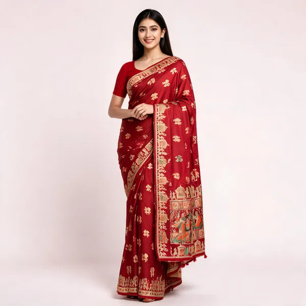 Red_Nylon_Satin_Woven_Floral_Traditional_Saree_For_Women