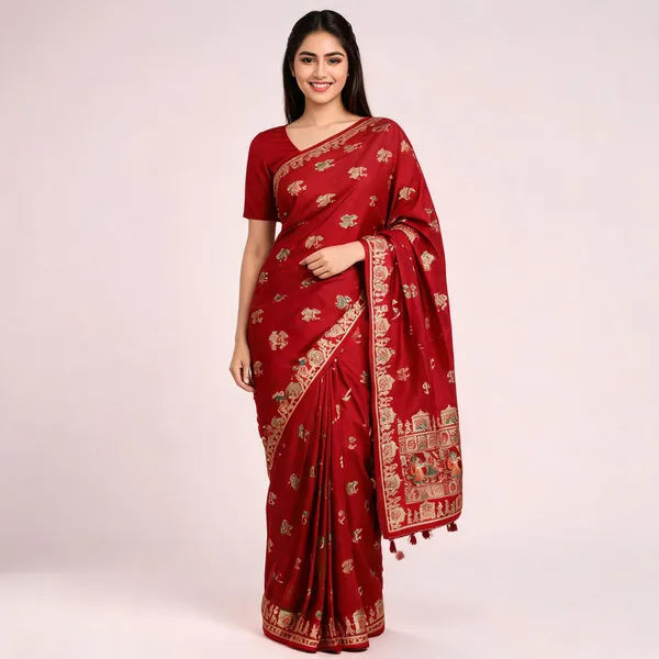 Red_Embellished_Saree_With_Tassel_Border_For_Women