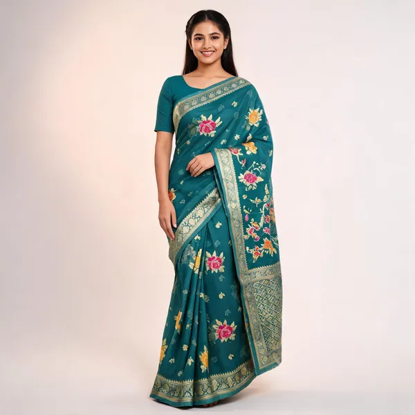 Teal_Organza_Floral_Woven_Saree_For_Women
