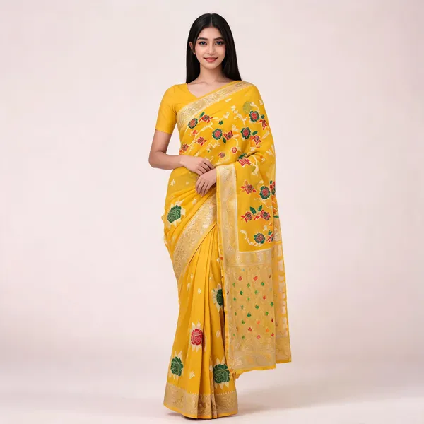 Yellow_Organza_Woven_Floral_Saree_For_Women