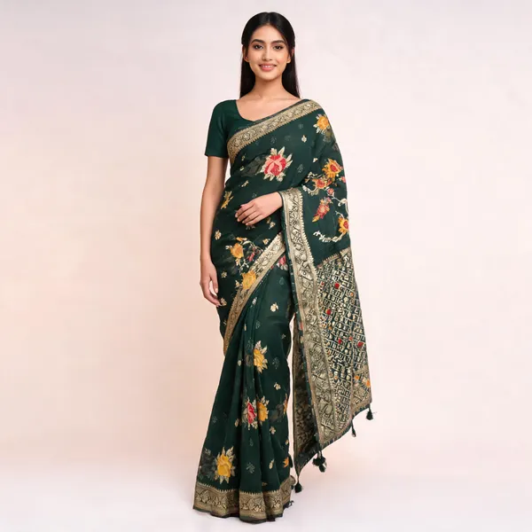 Green_Organza_Woven_Floral_Saree_For_Women