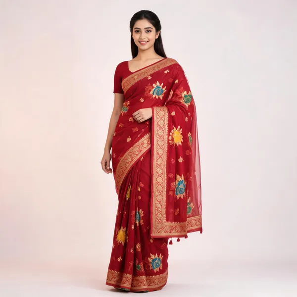 Red_Organza_Woven_Floral_Saree_For_Women