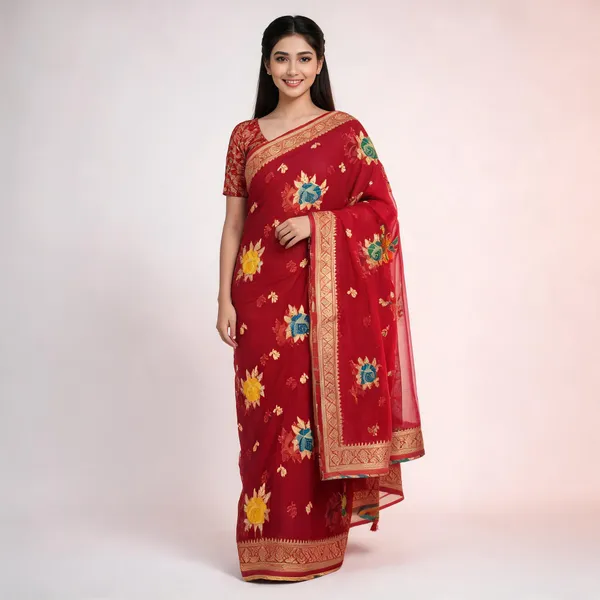 Red_Organza_Woven_Floral_Saree_For_Women