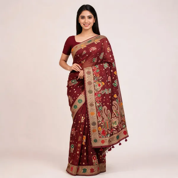 Maroon_Organza_Embroidered_Saree_For_Women