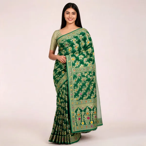 Green_Organza_Floral_Woven_Saree_For_Women