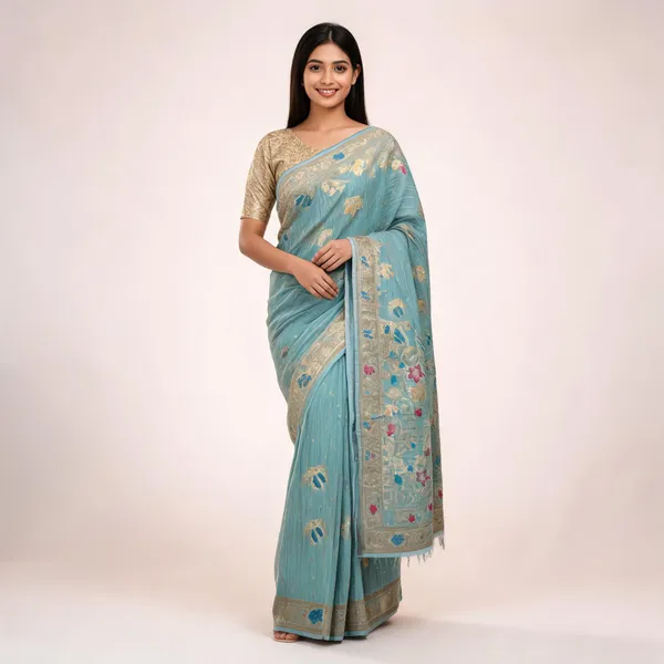 Turquoise_Linen_Woven_Floral_Saree_For_Women