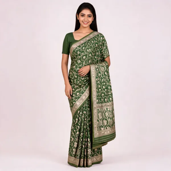 Green_Satin_Woven_Floral_Zari_Saree_For_Women