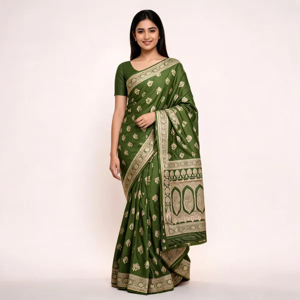 Green_Satin_Buta_Zari_Border_Saree_For_Women