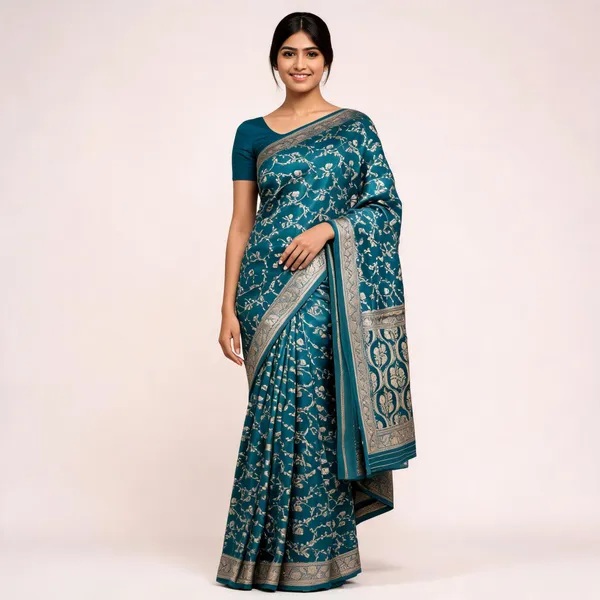 Teal_Satin_Floral_Motif_Saree_For_Women