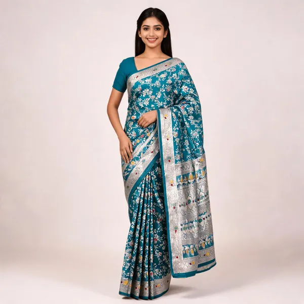 Teal_Satin_Woven_Floral_Saree_For_Women