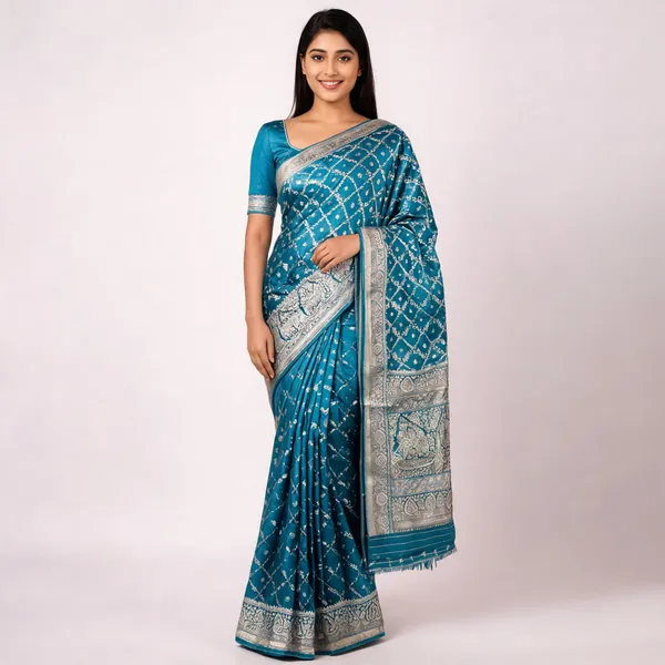Teal_Satin_Woven_Lattice_Saree_For_Women