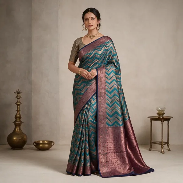 Teal_Masrai_Silk_Woven_Chevron_Saree