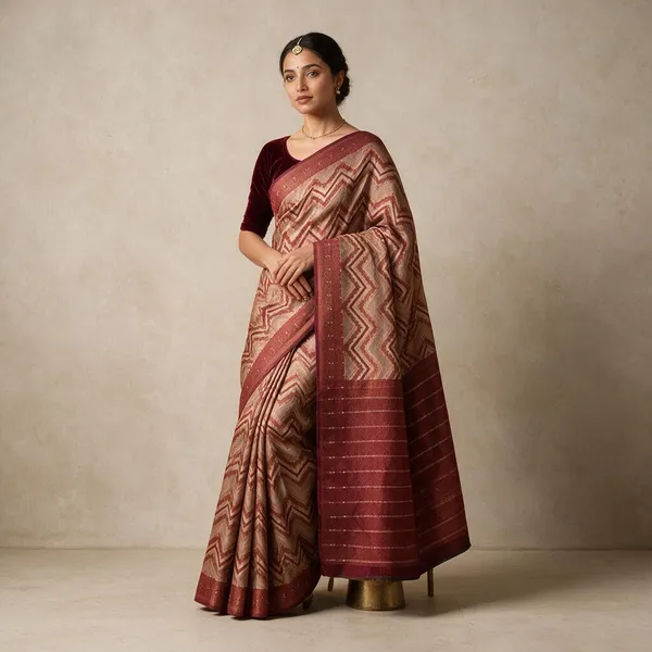 Beige_Masrai_Silk_Woven_Chevron_Saree