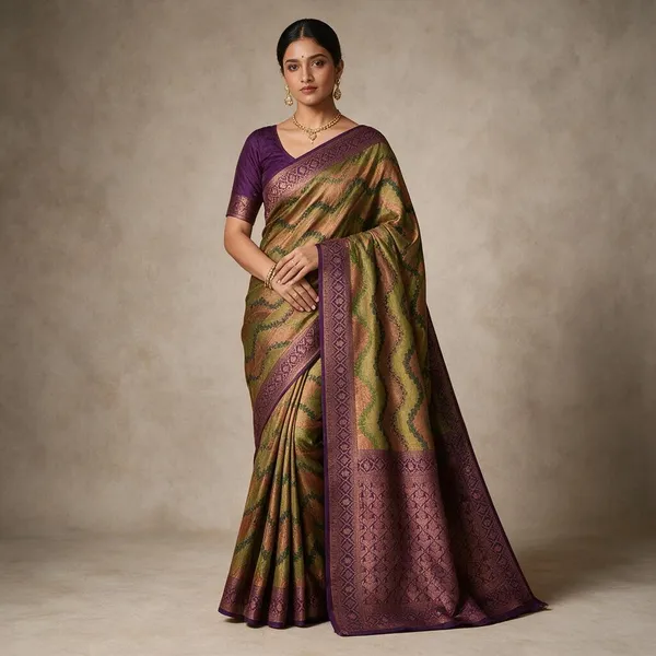 Olive_Masrai_Silk_Woven_Chevron_Saree