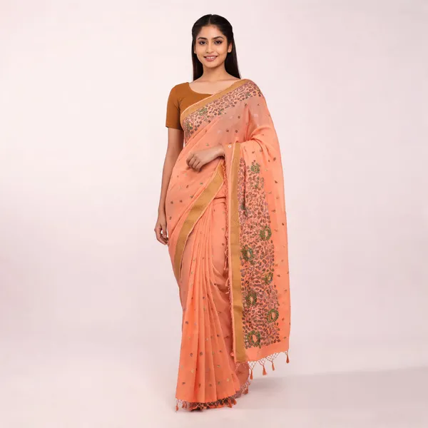 Peach_Cotton_Printed_Tassel_Border_Saree_For_Women