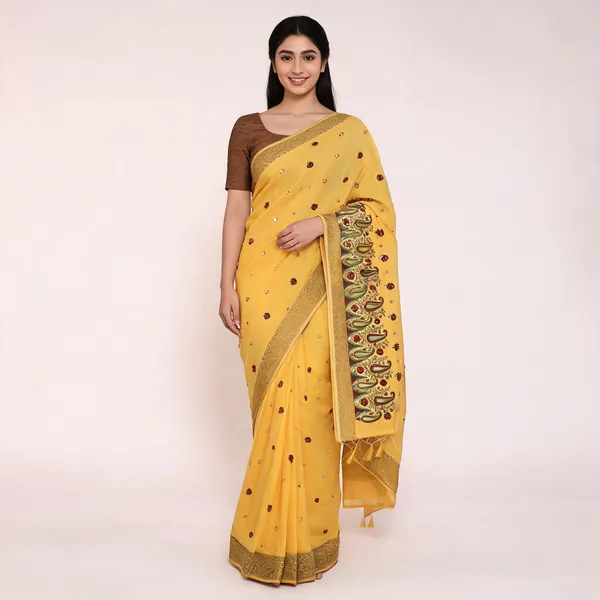 Yellow_Cotton_Paisley_Print_Saree_For_Women
