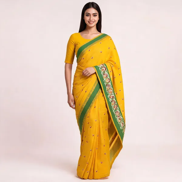 Yellow_Cotton_Traditional_Printed_Saree_For_Women