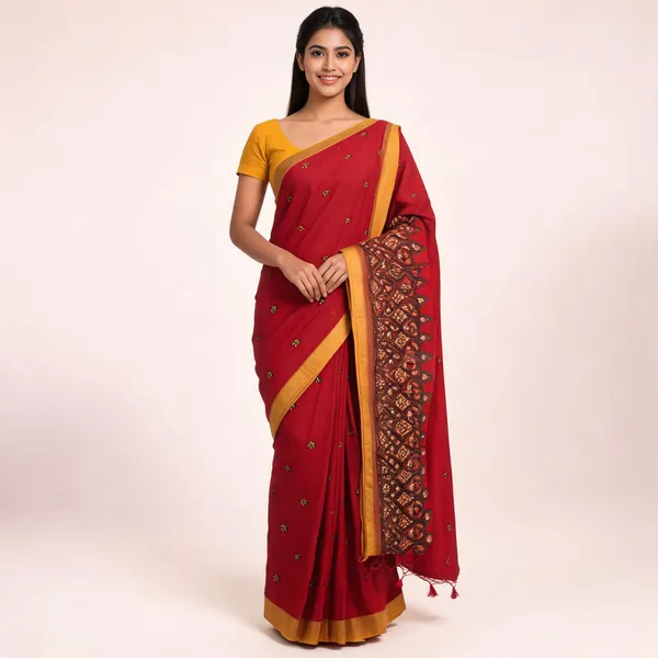 Red_Cotton_Embroidered_Saree_For_Women