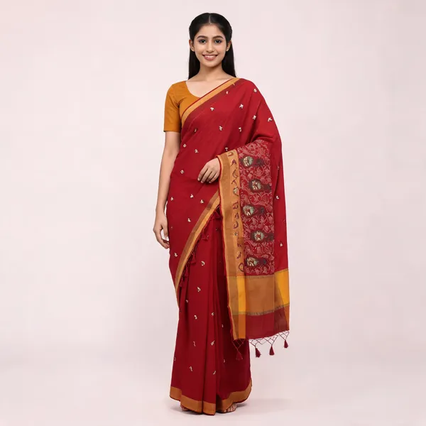 Red_Cotton_Floral_Woven_Saree_For_Women