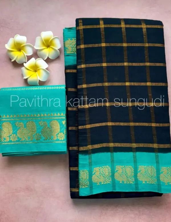 Navy_Blue_And_Teal_Premium_Pure_Cotton_Saree_For_Women