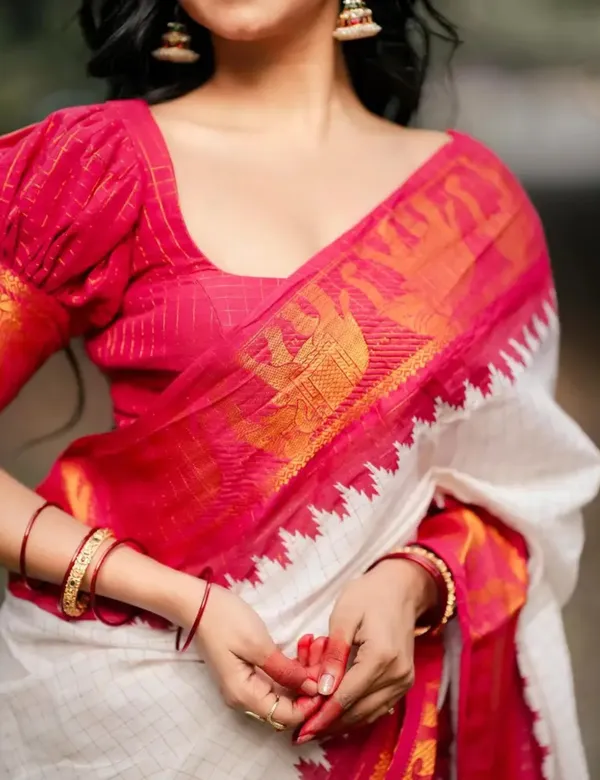 White_&_Red_Premium_Cotton_Saree_For_Women