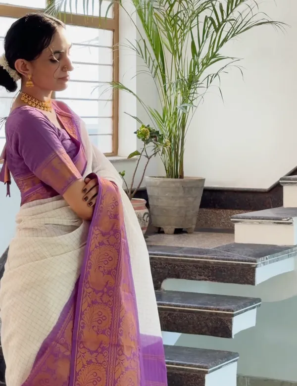 White_and_Purple_Premium_Cotton_Saree_For_Women